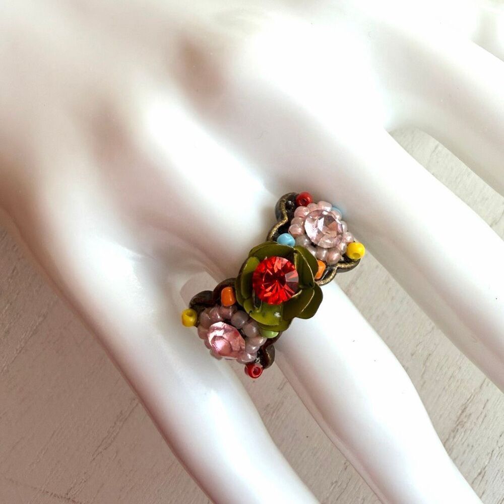 Vintage Artisan Enamel Flower Rhinestone Ring